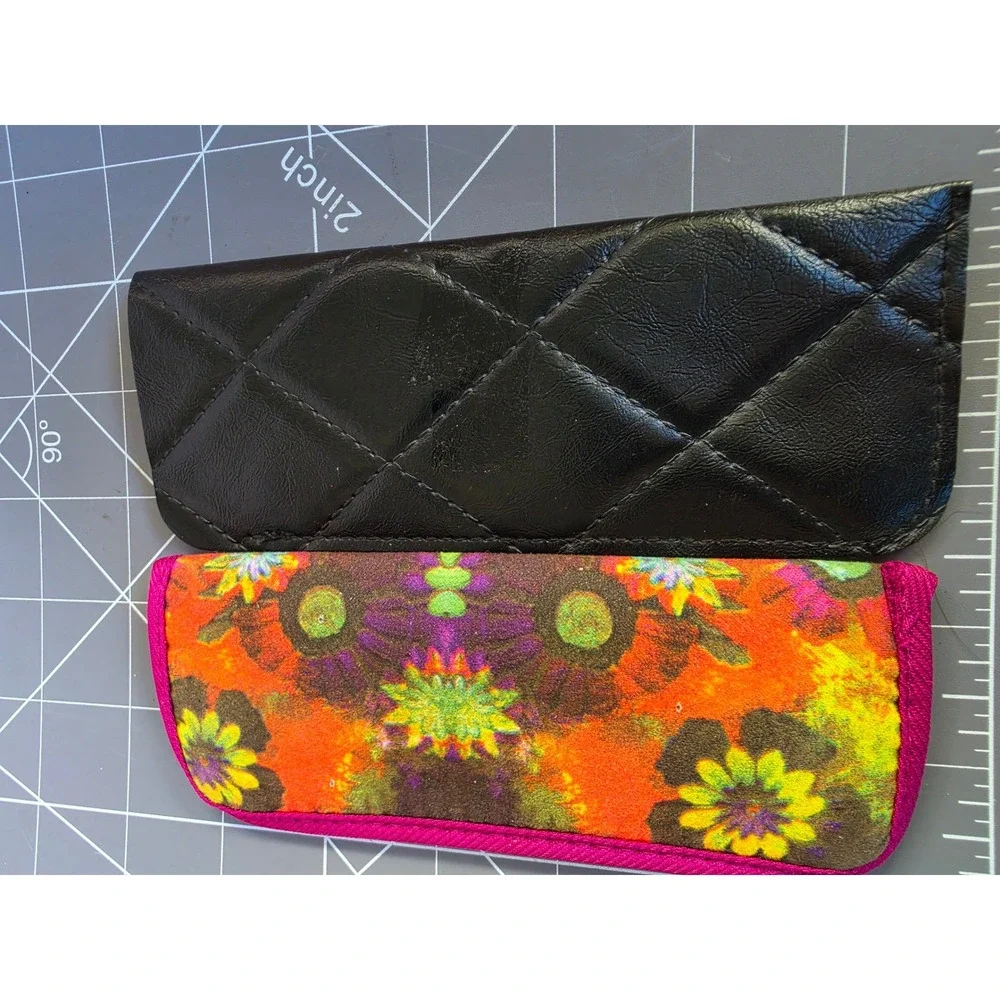 Vintage Quilted Black Faux Leather and Floral Soft Eyeglass Case Bundle 2pc